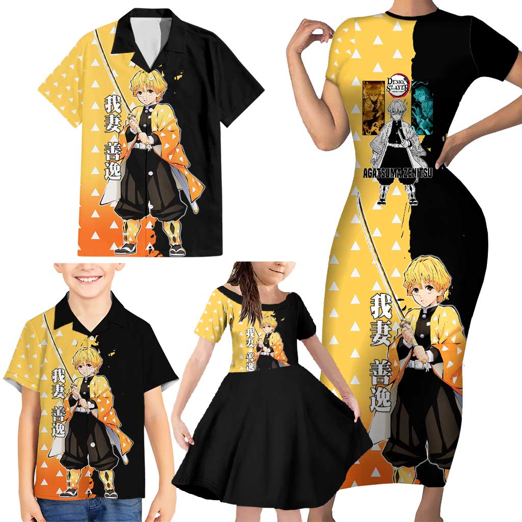 Zenitsu Agatsuma from Demon Slayer Family Matching Short Sleeve Bodycon Dress and Hawaiian Shirt with Yellow Lightning Kimono and Thunder Effects Design - The Mazicc
