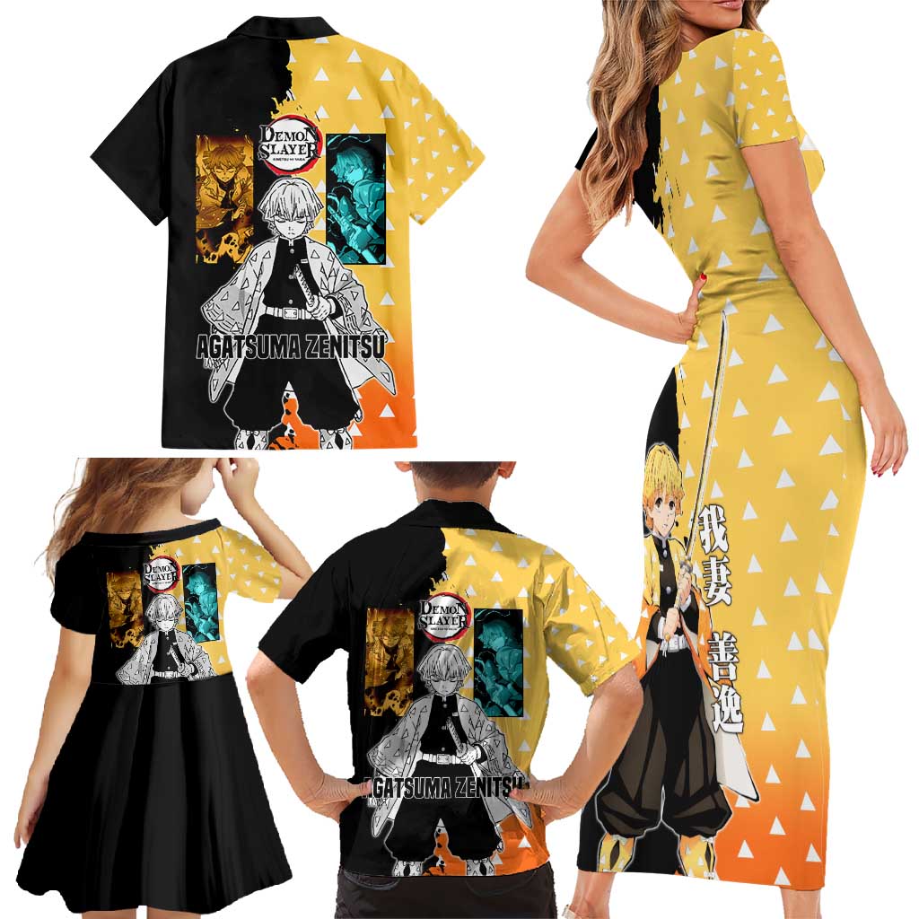 Zenitsu Agatsuma from Demon Slayer Family Matching Short Sleeve Bodycon Dress and Hawaiian Shirt with Yellow Lightning Kimono and Thunder Effects Design - The Mazicc