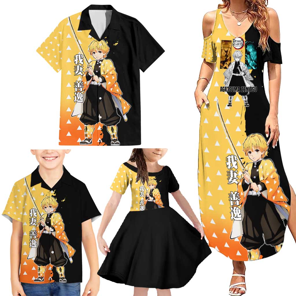 Zenitsu Agatsuma from Demon Slayer Family Matching Summer Maxi Dress and Hawaiian Shirt with Yellow Lightning Kimono and Thunder Effects Design - The Mazicc
