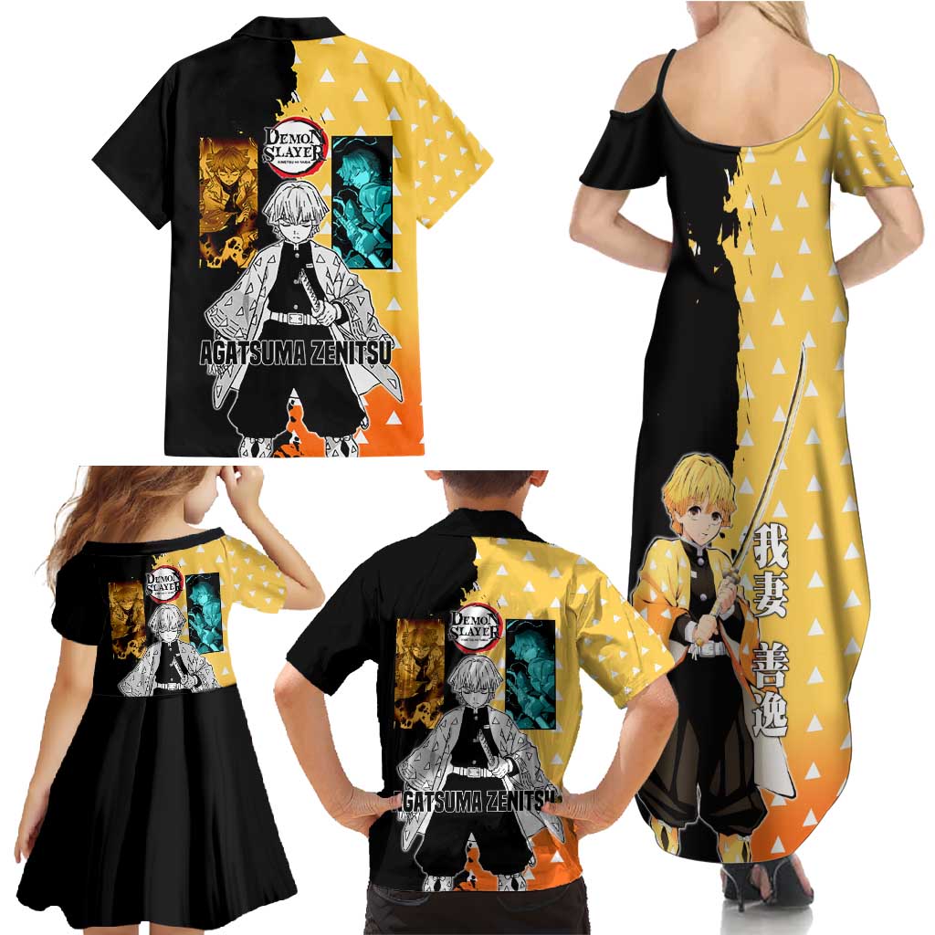 Zenitsu Agatsuma from Demon Slayer Family Matching Summer Maxi Dress and Hawaiian Shirt with Yellow Lightning Kimono and Thunder Effects Design - The Mazicc