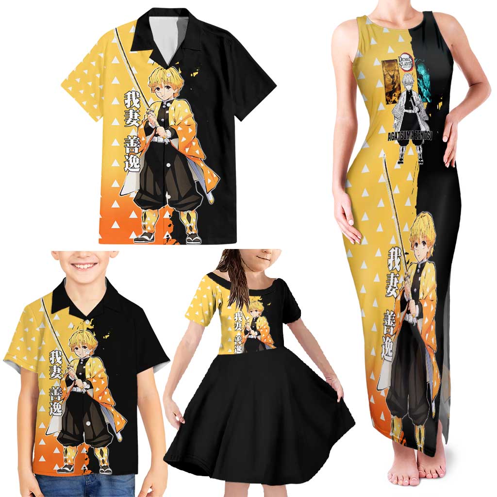 Zenitsu Agatsuma from Demon Slayer Family Matching Tank Maxi Dress and Hawaiian Shirt with Yellow Lightning Kimono and Thunder Effects Design - The Mazicc