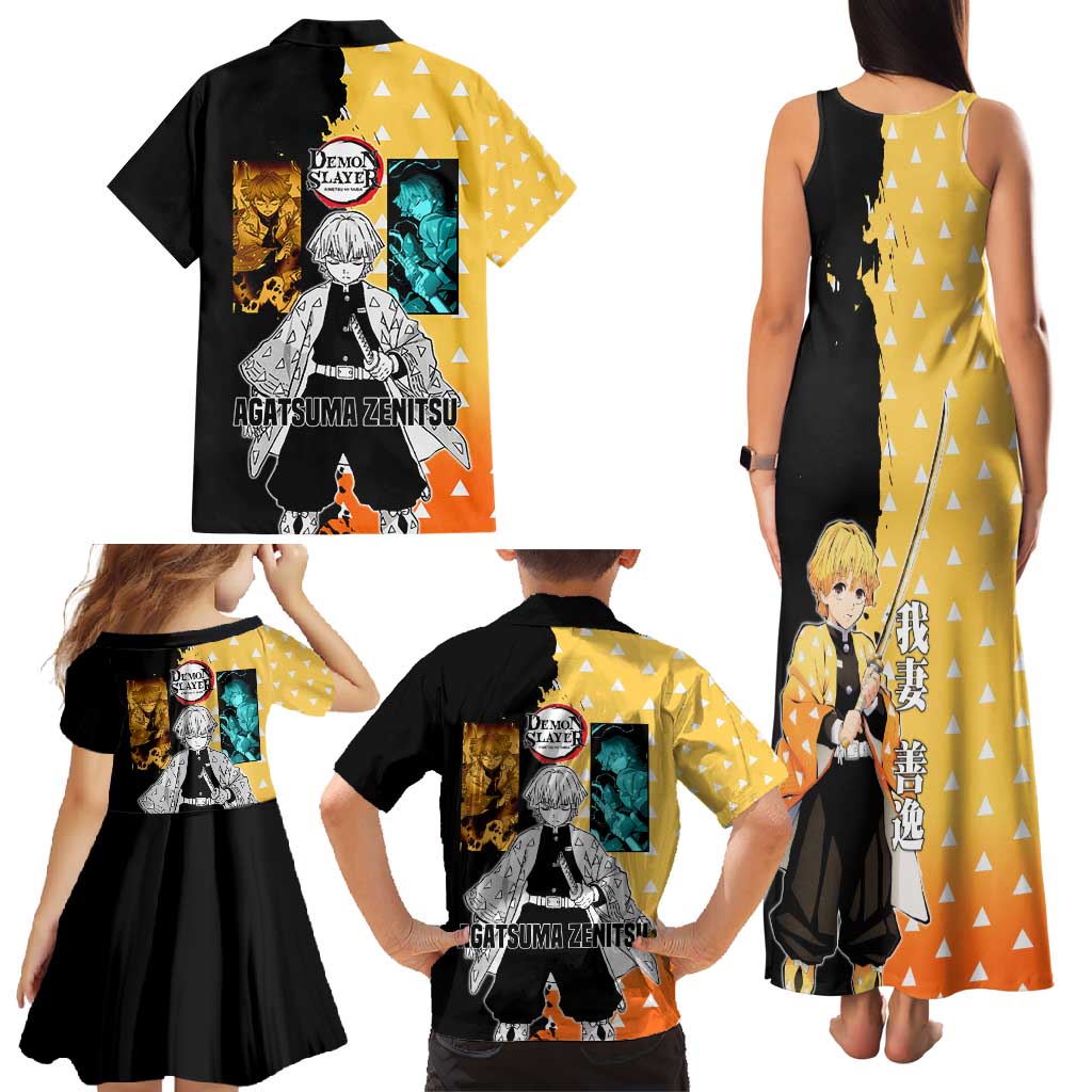 Zenitsu Agatsuma from Demon Slayer Family Matching Tank Maxi Dress and Hawaiian Shirt with Yellow Lightning Kimono and Thunder Effects Design - The Mazicc