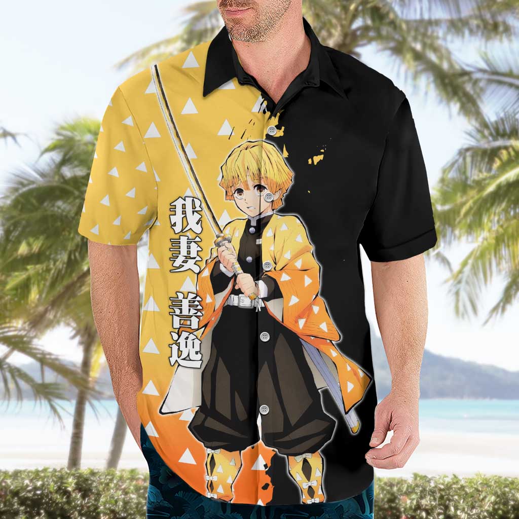 Zenitsu Agatsuma from Demon Slayer Hawaiian Shirt with Yellow Lightning Kimono and Thunder Effects Design - The Mazicc