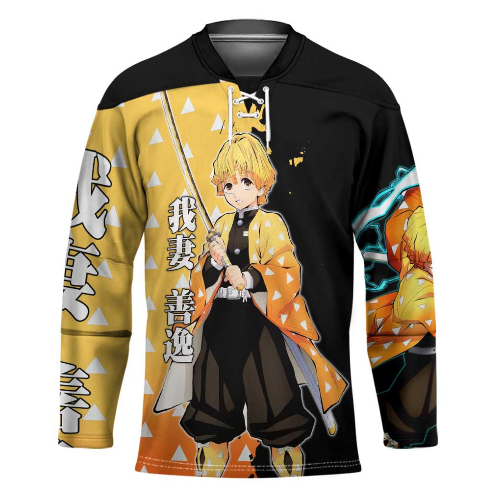 Zenitsu Agatsuma from Demon Slayer Hockey Jersey with Yellow Lightning Kimono and Thunder Effects Design - The Mazicc