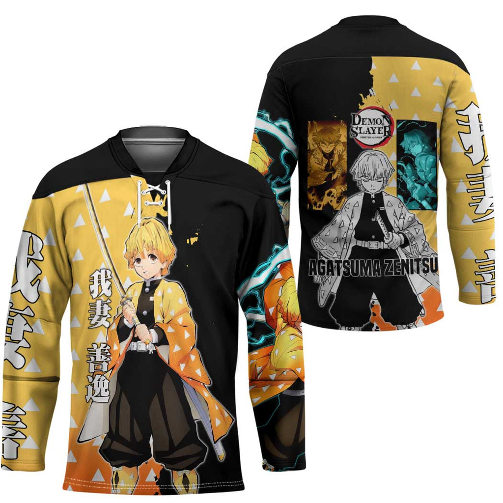 Zenitsu Agatsuma from Demon Slayer Hockey Jersey with Yellow Lightning Kimono and Thunder Effects Design - The Mazicc