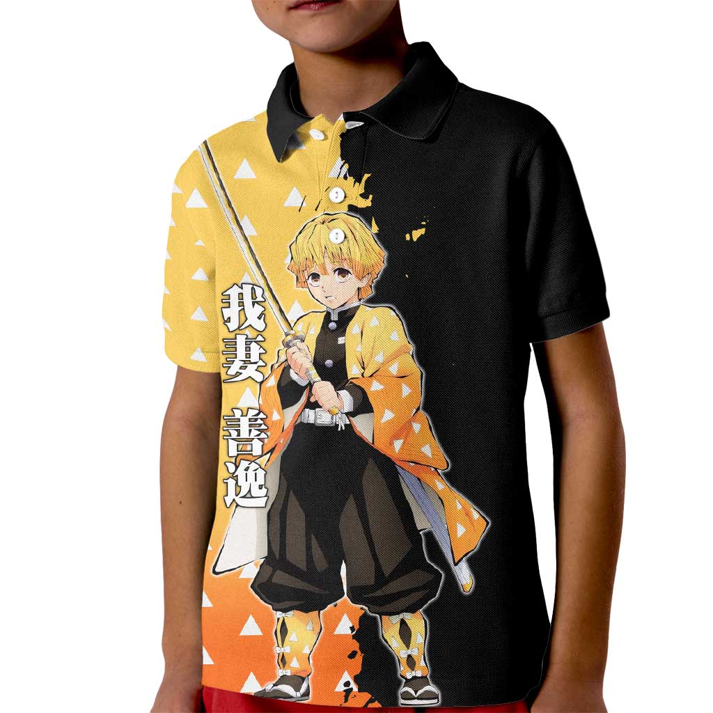 Zenitsu Agatsuma from Demon Slayer Kid Polo Shirt with Yellow Lightning Kimono and Thunder Effects Design - The Mazicc