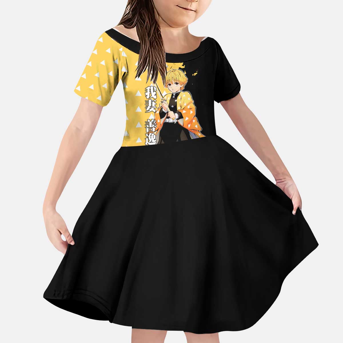 Zenitsu Agatsuma from Demon Slayer Kid Short Sleeve Dress with Yellow Lightning Kimono and Thunder Effects Design - The Mazicc
