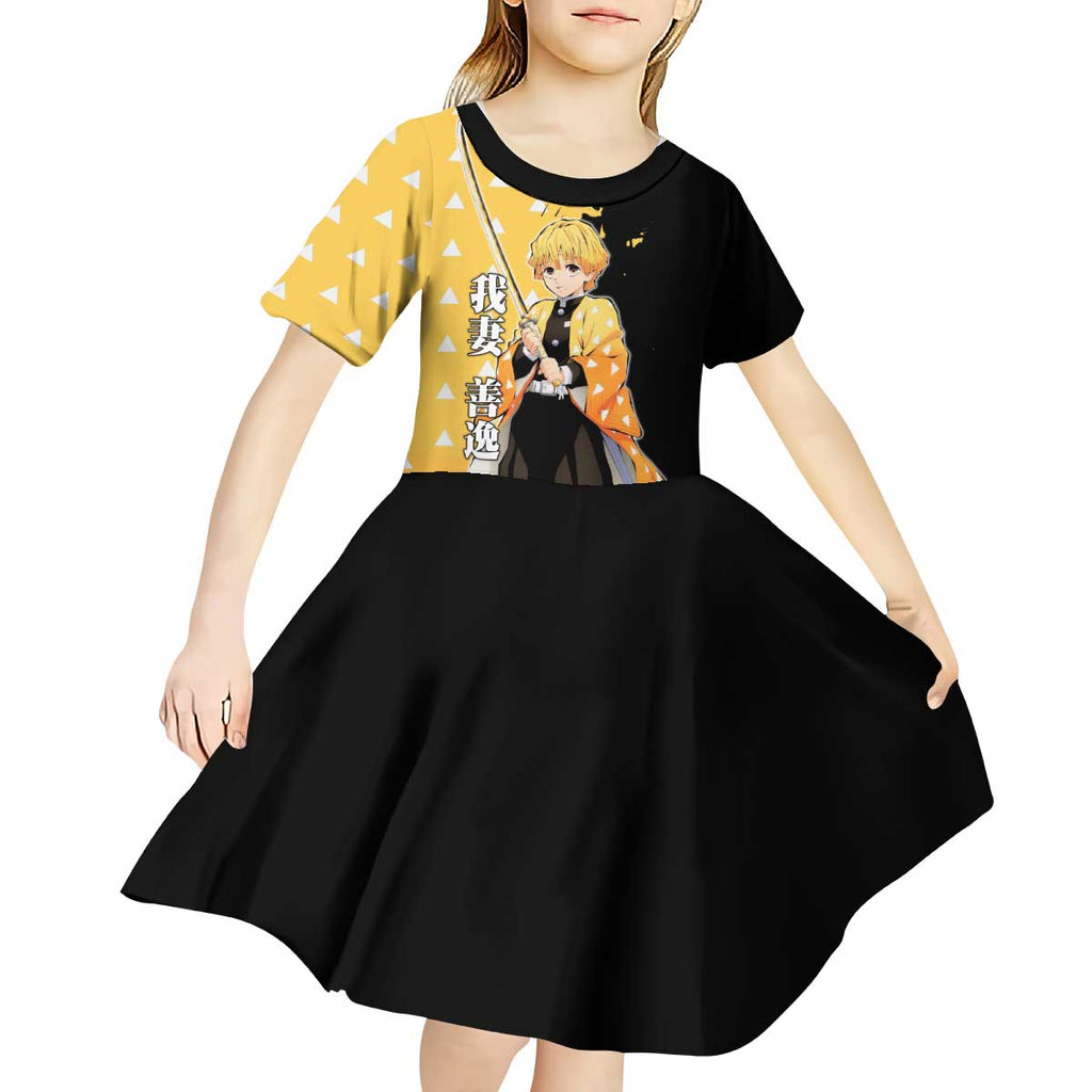 Zenitsu Agatsuma from Demon Slayer Kid Short Sleeve Dress with Yellow Lightning Kimono and Thunder Effects Design - The Mazicc
