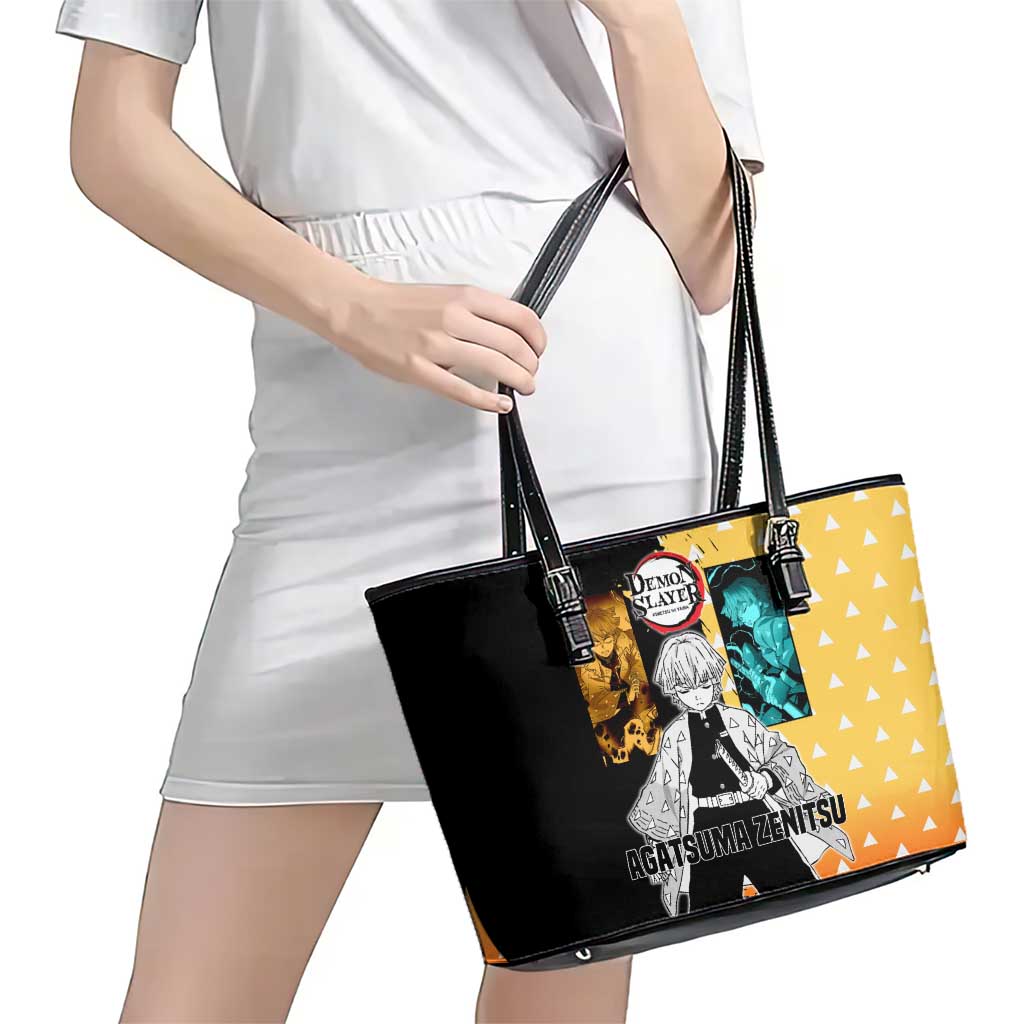 Zenitsu Agatsuma from Demon Slayer Leather Tote Bag with Yellow Lightning Kimono and Thunder Effects Design - The Mazicc