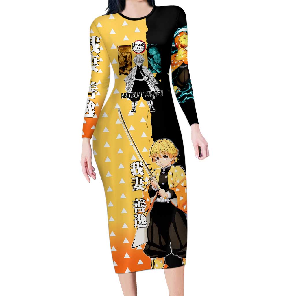 Zenitsu Agatsuma from Demon Slayer Long Sleeve Bodycon Dress with Yellow Lightning Kimono and Thunder Effects Design - The Mazicc