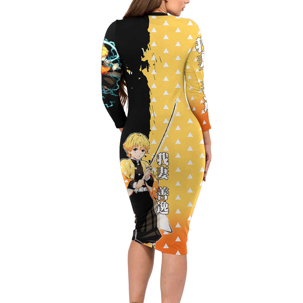 Zenitsu Agatsuma from Demon Slayer Long Sleeve Bodycon Dress with Yellow Lightning Kimono and Thunder Effects Design - The Mazicc
