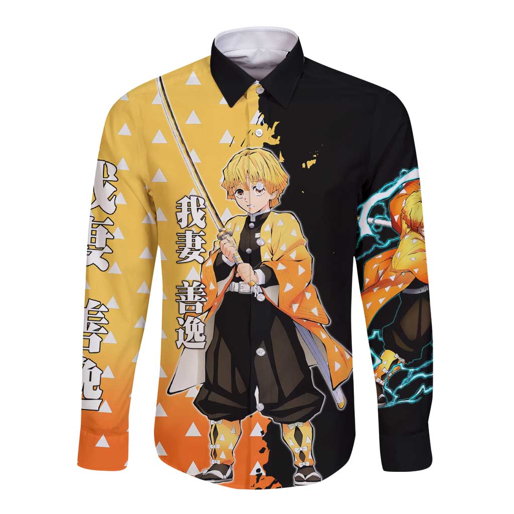 Zenitsu Agatsuma from Demon Slayer Long Sleeve Button Shirt with Yellow Lightning Kimono and Thunder Effects Design - The Mazicc