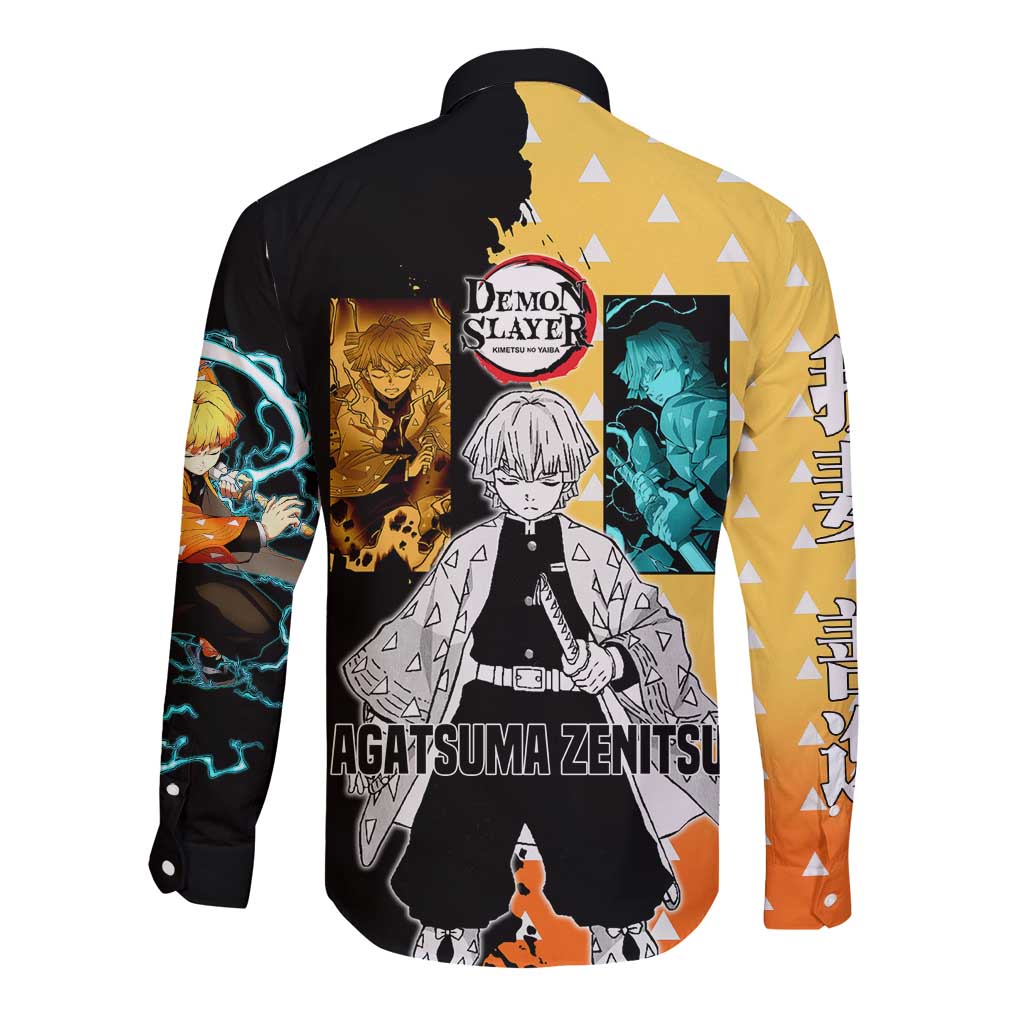 Zenitsu Agatsuma from Demon Slayer Long Sleeve Button Shirt with Yellow Lightning Kimono and Thunder Effects Design - The Mazicc