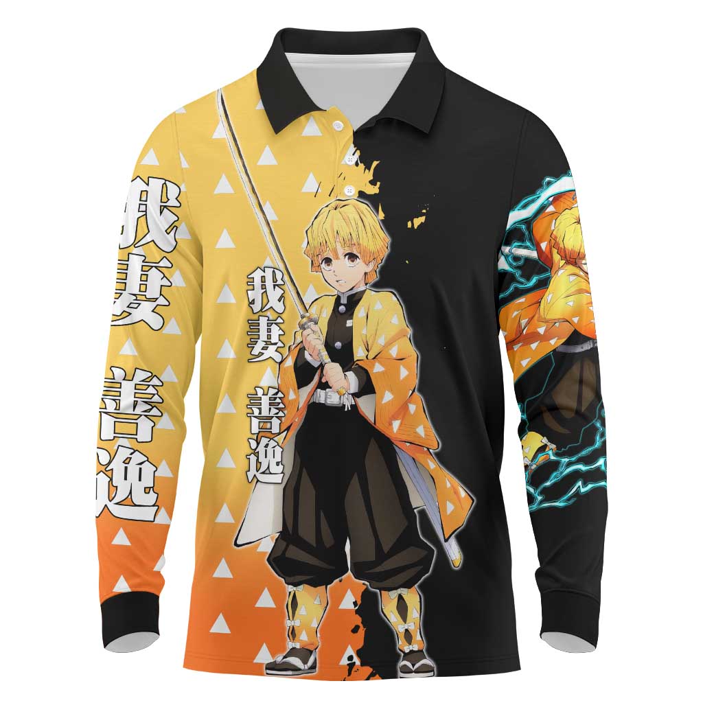 Zenitsu Agatsuma from Demon Slayer Long Sleeve Polo Shirt with Yellow Lightning Kimono and Thunder Effects Design - The Mazicc