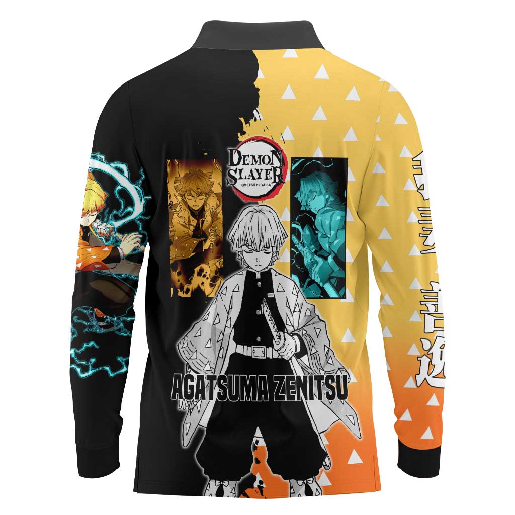 Zenitsu Agatsuma from Demon Slayer Long Sleeve Polo Shirt with Yellow Lightning Kimono and Thunder Effects Design - The Mazicc