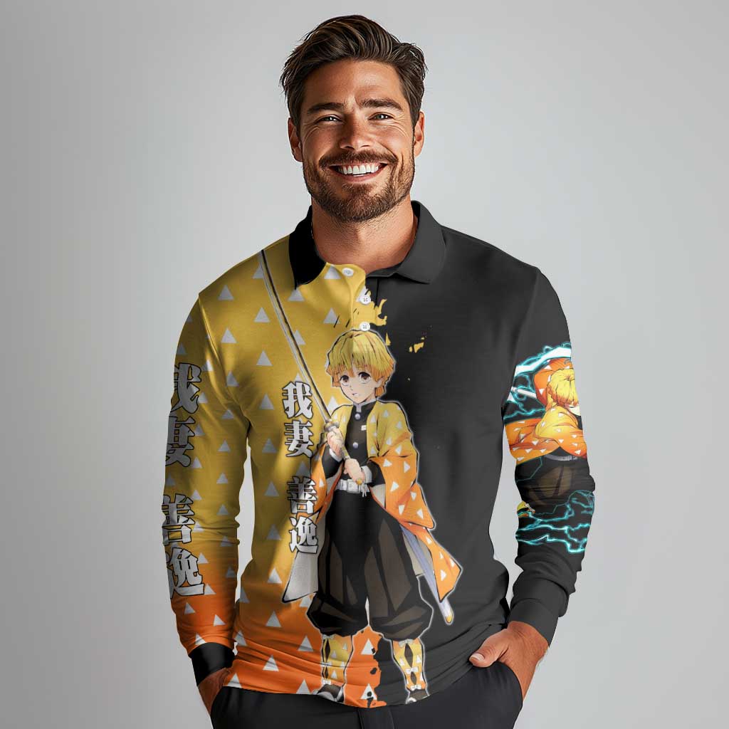 Zenitsu Agatsuma from Demon Slayer Long Sleeve Polo Shirt with Yellow Lightning Kimono and Thunder Effects Design - The Mazicc