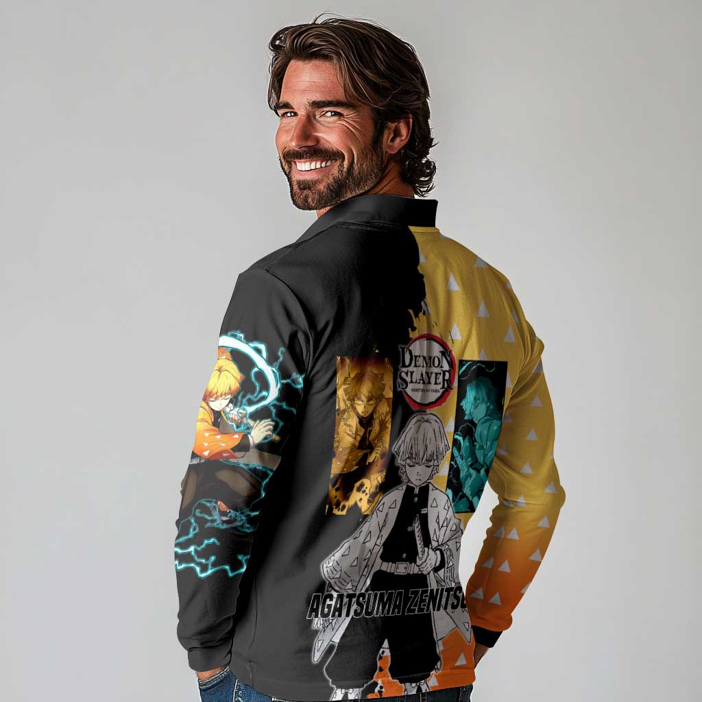 Zenitsu Agatsuma from Demon Slayer Long Sleeve Polo Shirt with Yellow Lightning Kimono and Thunder Effects Design - The Mazicc