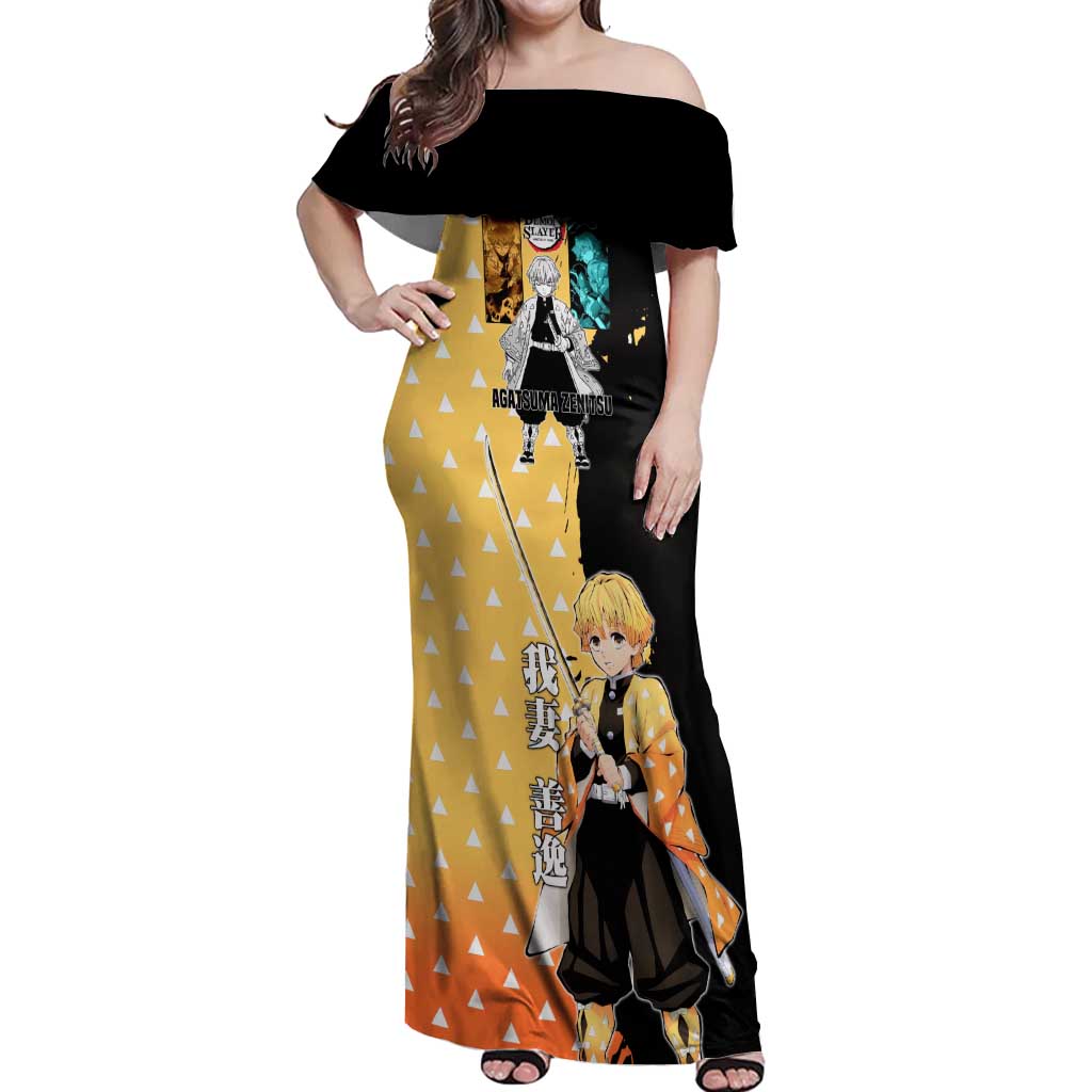 Zenitsu Agatsuma from Demon Slayer Off Shoulder Maxi Dress with Yellow Lightning Kimono and Thunder Effects Design - The Mazicc