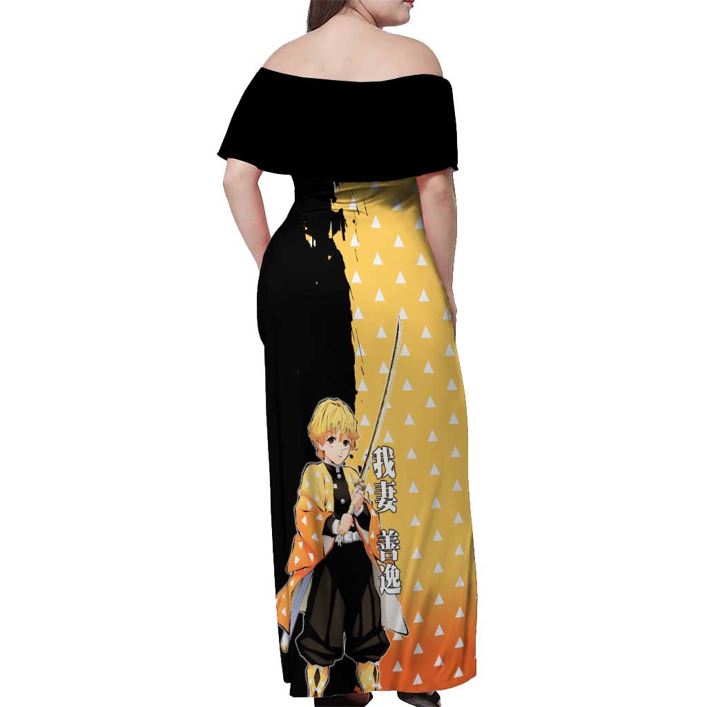 Zenitsu Agatsuma from Demon Slayer Off Shoulder Maxi Dress with Yellow Lightning Kimono and Thunder Effects Design - The Mazicc