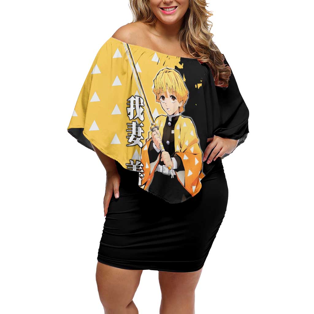 Zenitsu Agatsuma from Demon Slayer Off Shoulder Short Dress with Yellow Lightning Kimono and Thunder Effects Design - The Mazicc