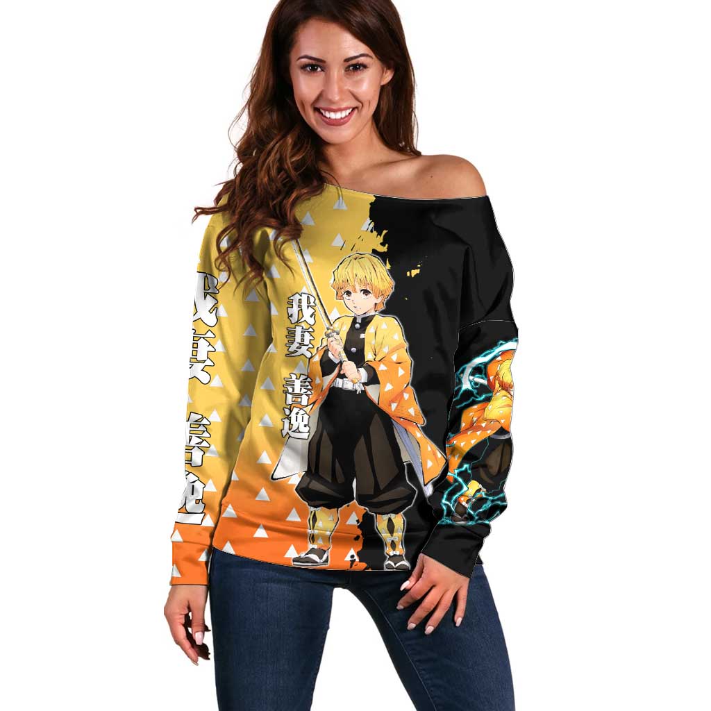 Zenitsu Agatsuma from Demon Slayer Off Shoulder Sweater with Yellow Lightning Kimono and Thunder Effects Design - The Mazicc