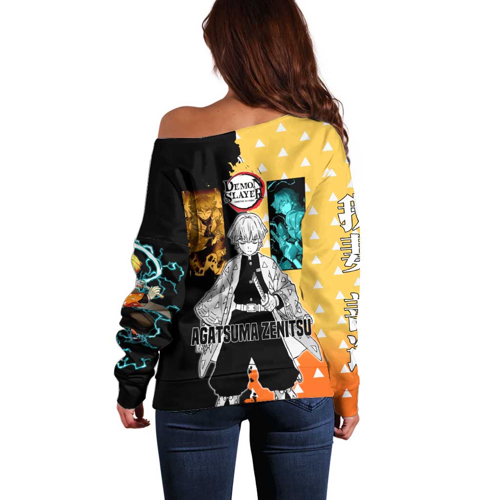 Zenitsu Agatsuma from Demon Slayer Off Shoulder Sweater with Yellow Lightning Kimono and Thunder Effects Design - The Mazicc