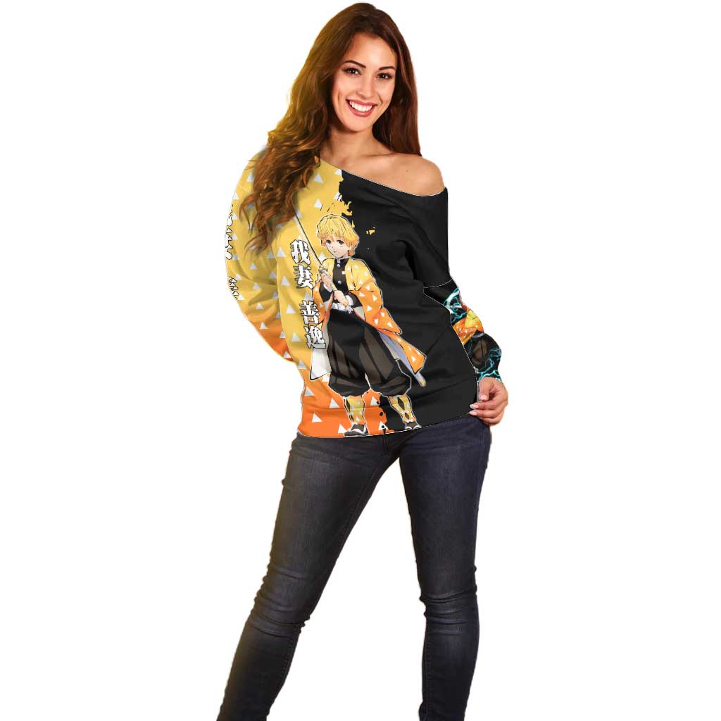 Zenitsu Agatsuma from Demon Slayer Off Shoulder Sweater with Yellow Lightning Kimono and Thunder Effects Design - The Mazicc