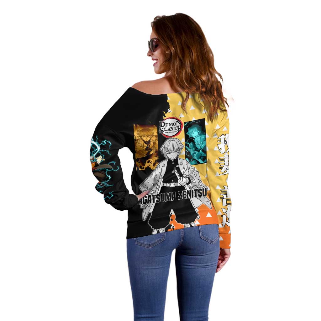 Zenitsu Agatsuma from Demon Slayer Off Shoulder Sweater with Yellow Lightning Kimono and Thunder Effects Design - The Mazicc