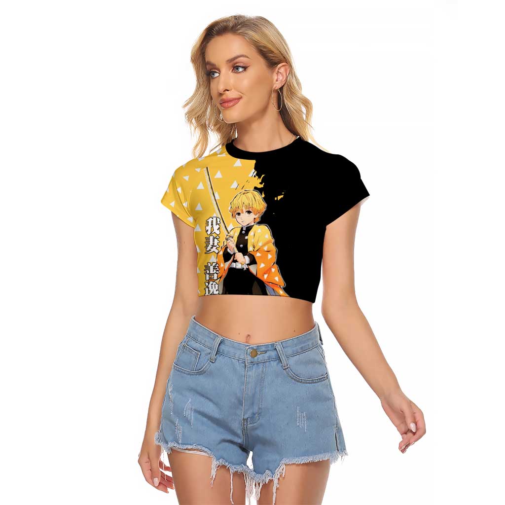 Zenitsu Agatsuma from Demon Slayer Raglan Cropped T Shirt with Yellow Lightning Kimono and Thunder Effects Design - The Mazicc