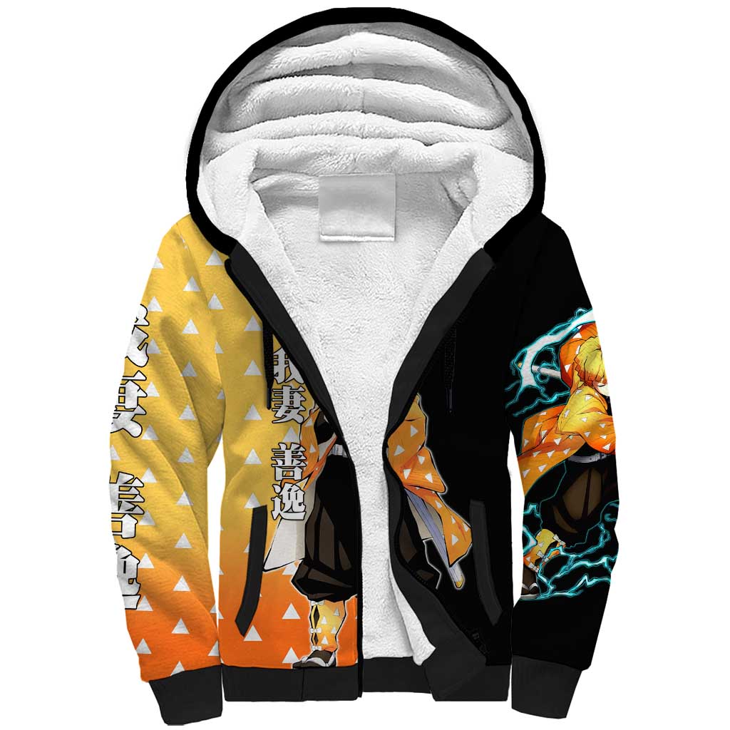 Zenitsu Agatsuma from Demon Slayer Sherpa Hoodie with Yellow Lightning Kimono and Thunder Effects Design - The Mazicc