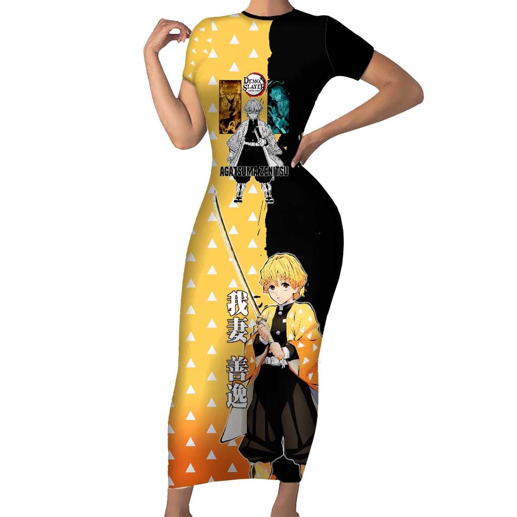 Zenitsu Agatsuma from Demon Slayer Short Sleeve Bodycon Dress with Yellow Lightning Kimono and Thunder Effects Design - The Mazicc