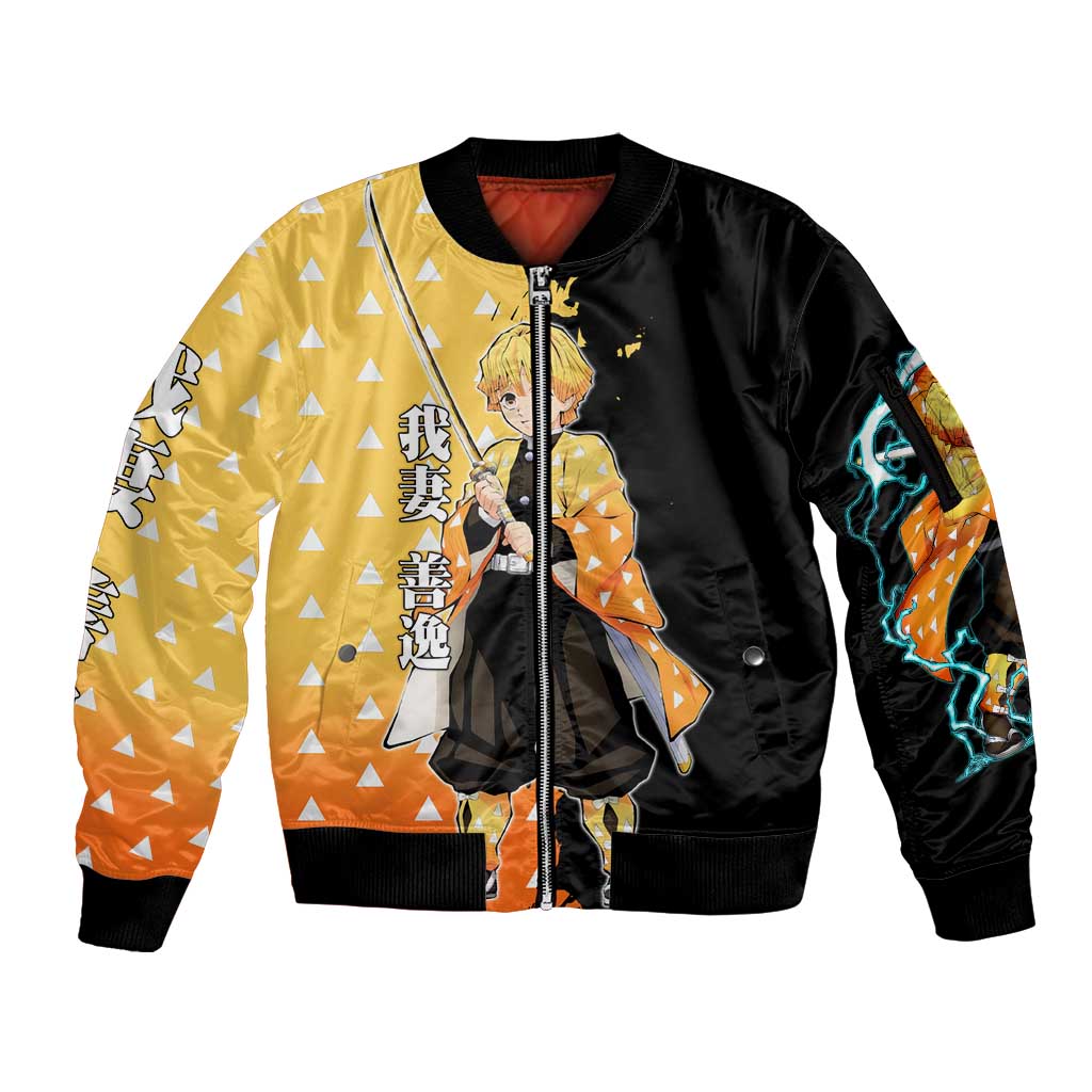 Zenitsu Agatsuma from Demon Slayer Sleeve Zip Bomber Jacket with Yellow Lightning Kimono and Thunder Effects Design - The Mazicc