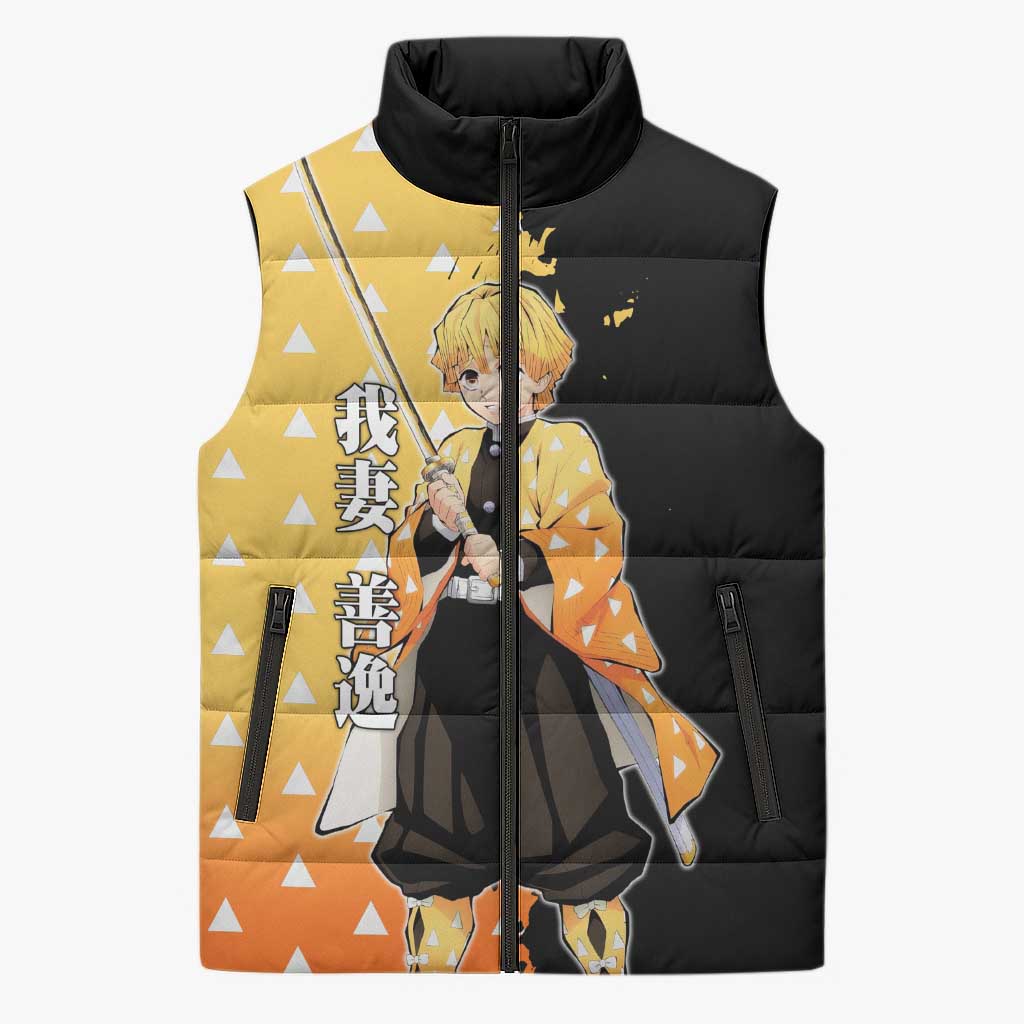 Zenitsu Agatsuma from Demon Slayer Sleeveless Puffer Jacket with Yellow Lightning Kimono and Thunder Effects Design - The Mazicc