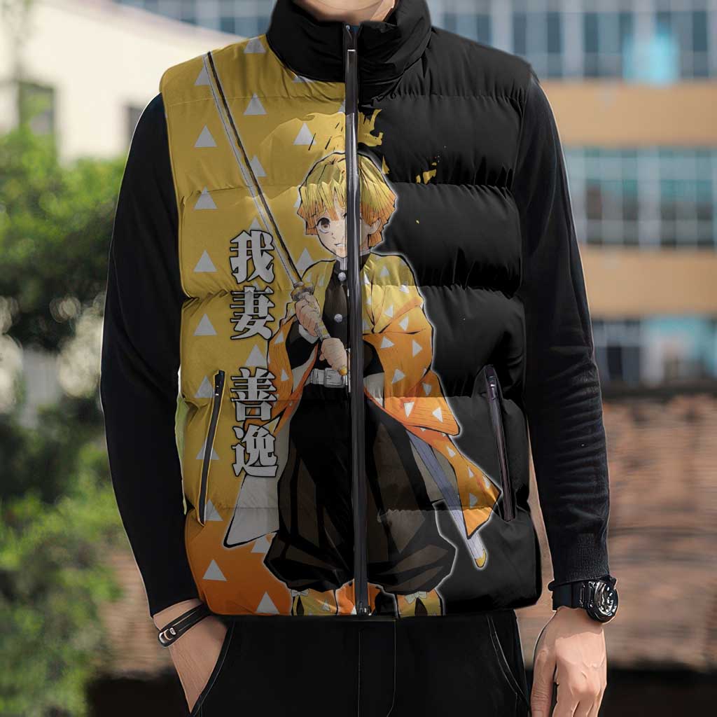 Zenitsu Agatsuma from Demon Slayer Sleeveless Puffer Jacket with Yellow Lightning Kimono and Thunder Effects Design - The Mazicc