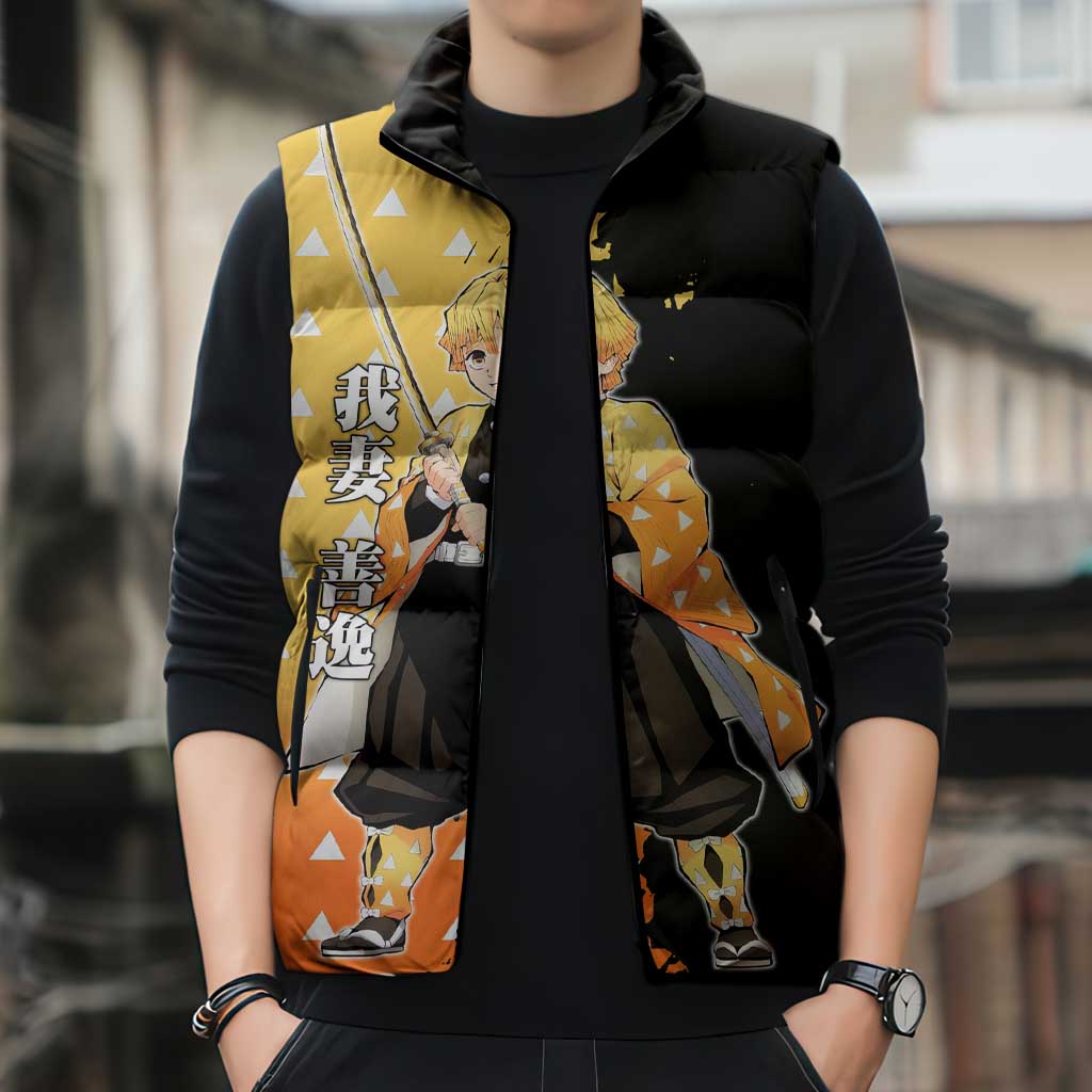Zenitsu Agatsuma from Demon Slayer Sleeveless Puffer Jacket with Yellow Lightning Kimono and Thunder Effects Design - The Mazicc