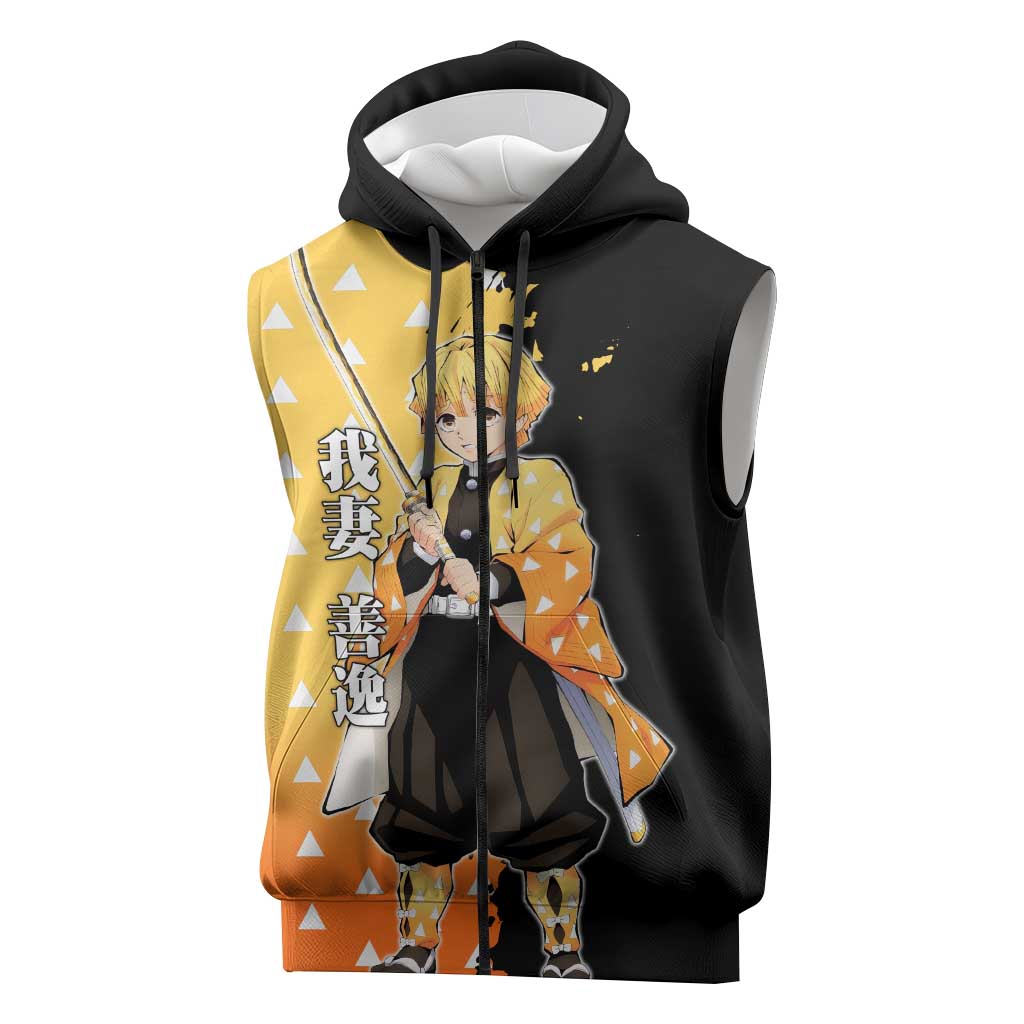 Zenitsu Agatsuma from Demon Slayer Sleeveless Zip Hoodie with Yellow Lightning Kimono and Thunder Effects Design - The Mazicc