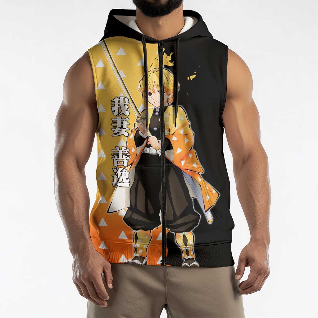 Zenitsu Agatsuma from Demon Slayer Sleeveless Zip Hoodie with Yellow Lightning Kimono and Thunder Effects Design - The Mazicc