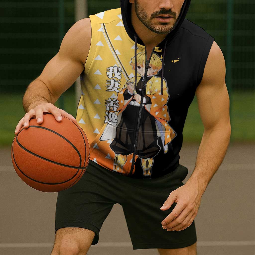 Zenitsu Agatsuma from Demon Slayer Sleeveless Zip Hoodie with Yellow Lightning Kimono and Thunder Effects Design - The Mazicc