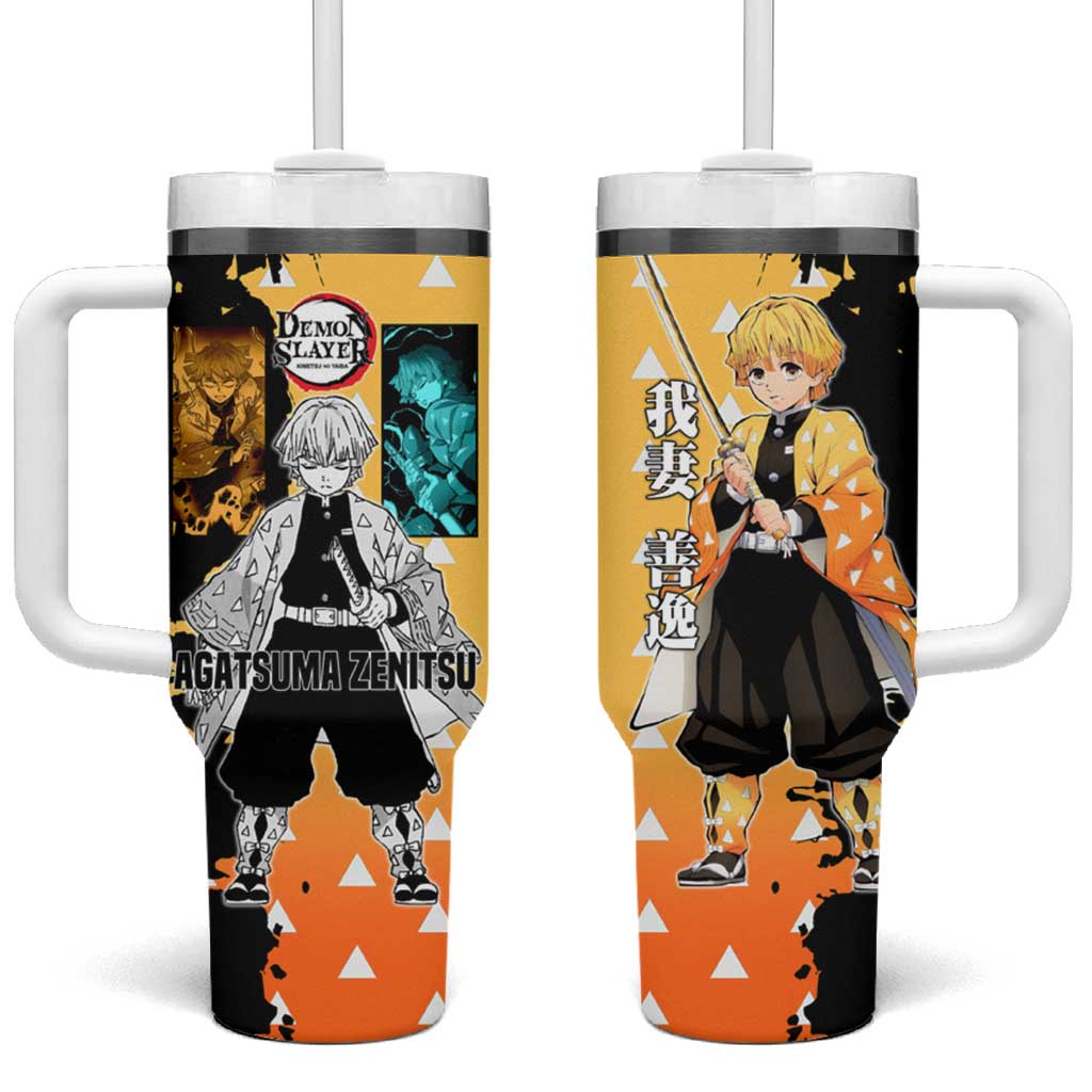 Zenitsu Agatsuma from Demon Slayer Tumbler With Handle with Yellow Lightning Kimono and Thunder Effects Design - The Mazicc