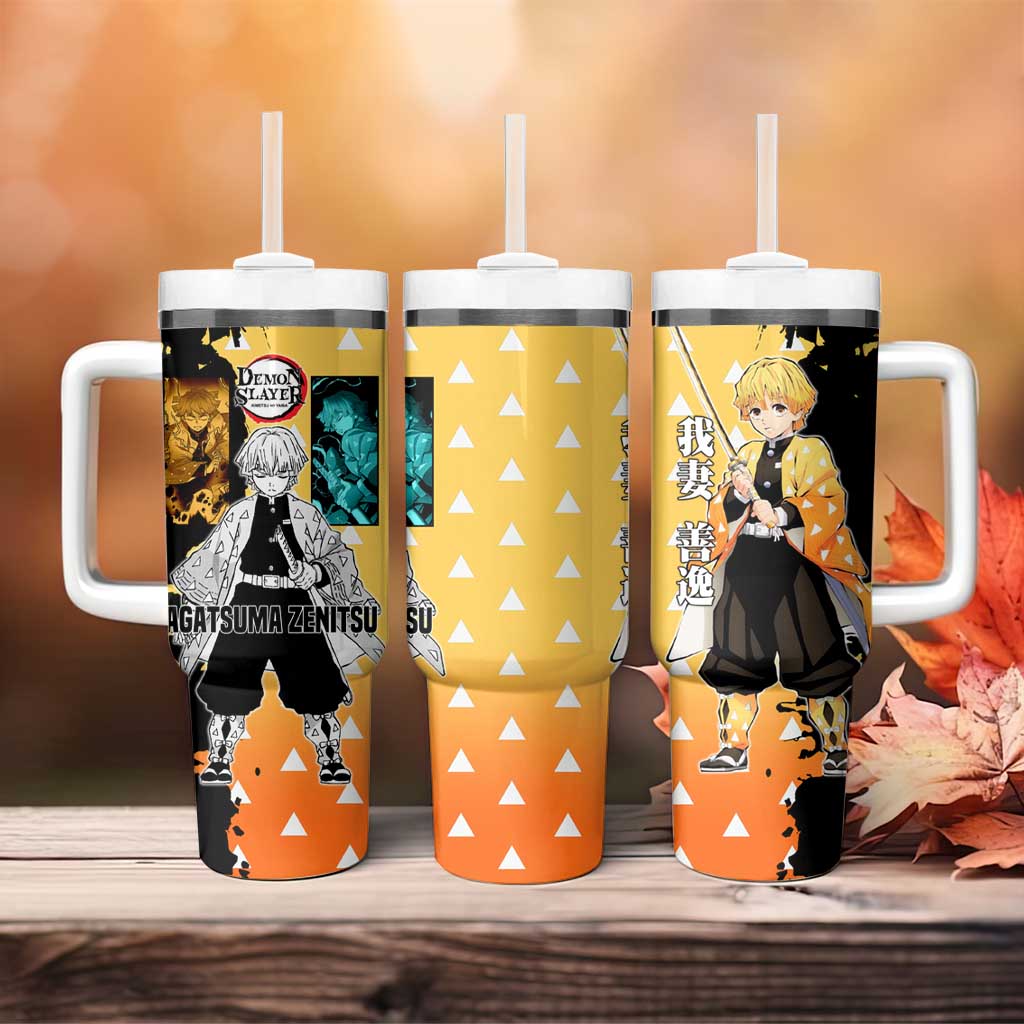 Zenitsu Agatsuma from Demon Slayer Tumbler With Handle with Yellow Lightning Kimono and Thunder Effects Design - The Mazicc