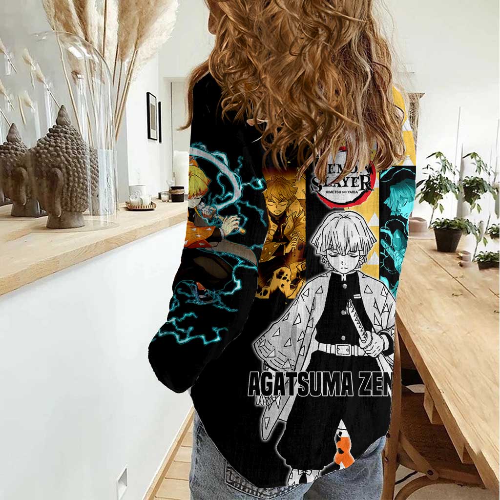 Zenitsu Agatsuma from Demon Slayer Women Casual Shirt with Yellow Lightning Kimono and Thunder Effects Design - The Mazicc