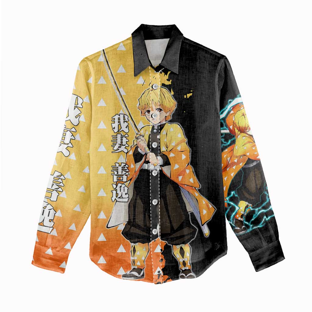 Zenitsu Agatsuma from Demon Slayer Women Casual Shirt with Yellow Lightning Kimono and Thunder Effects Design - The Mazicc