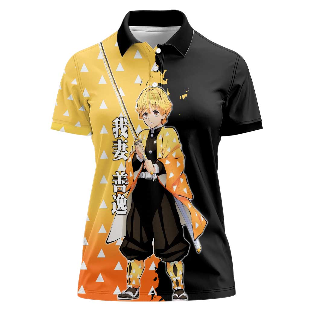 Zenitsu Agatsuma from Demon Slayer Women Polo Shirt with Yellow Lightning Kimono and Thunder Effects Design - The Mazicc
