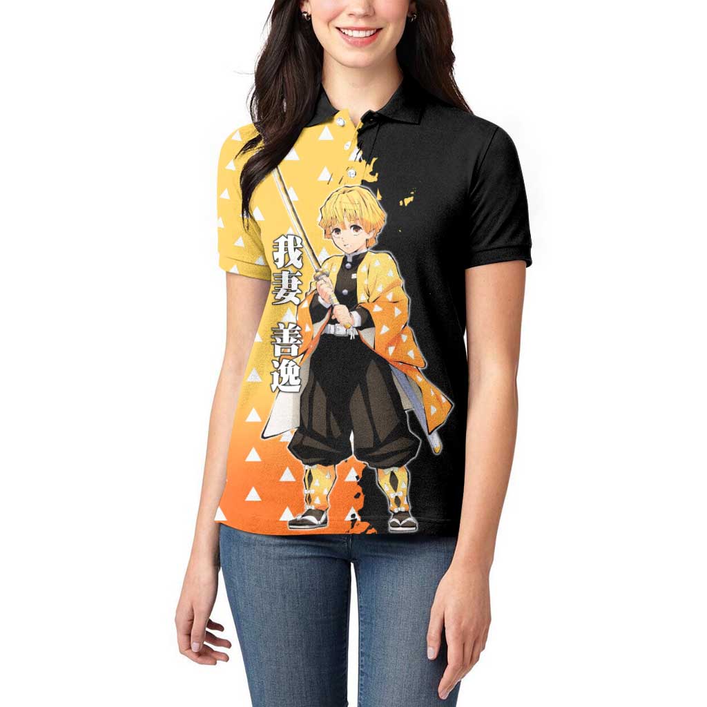 Zenitsu Agatsuma from Demon Slayer Women Polo Shirt with Yellow Lightning Kimono and Thunder Effects Design - The Mazicc
