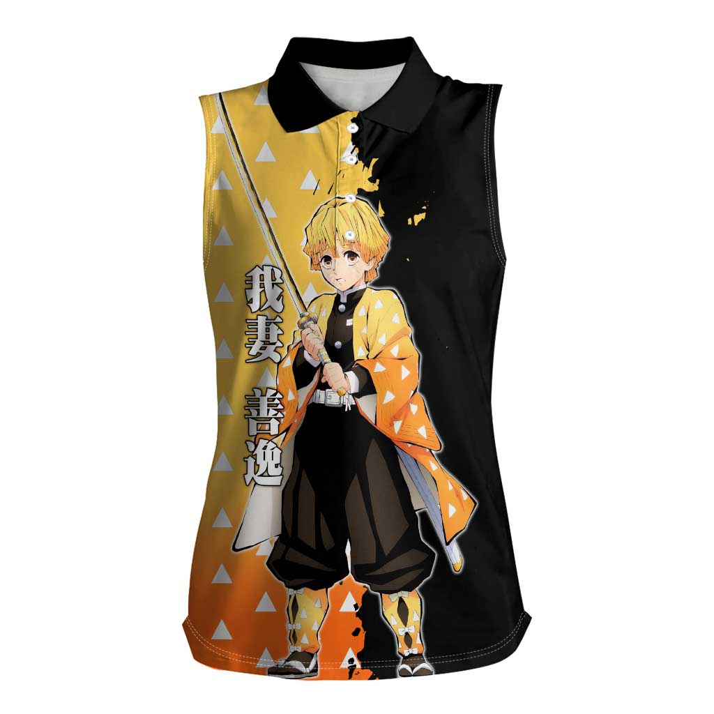 Zenitsu Agatsuma from Demon Slayer Women Sleeveless Polo Shirt with Yellow Lightning Kimono and Thunder Effects Design - The Mazicc