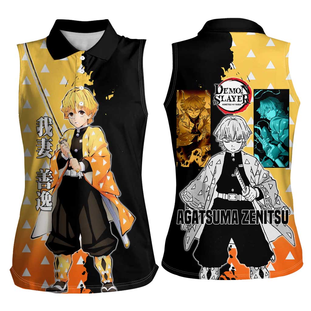 Zenitsu Agatsuma from Demon Slayer Women Sleeveless Polo Shirt with Yellow Lightning Kimono and Thunder Effects Design - The Mazicc