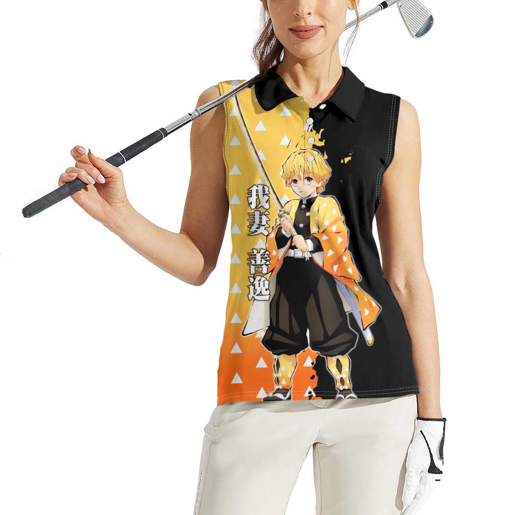 Zenitsu Agatsuma from Demon Slayer Women Sleeveless Polo Shirt with Yellow Lightning Kimono and Thunder Effects Design - The Mazicc