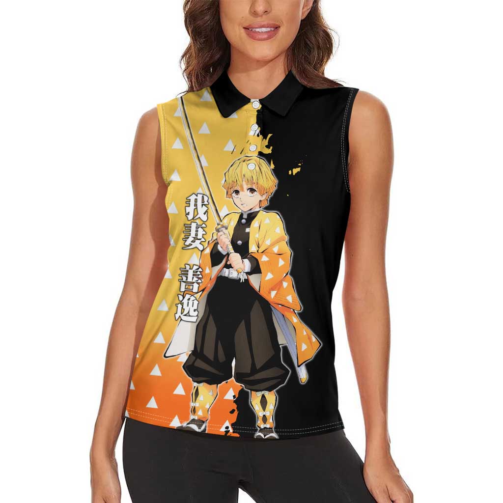 Zenitsu Agatsuma from Demon Slayer Women Sleeveless Polo Shirt with Yellow Lightning Kimono and Thunder Effects Design - The Mazicc