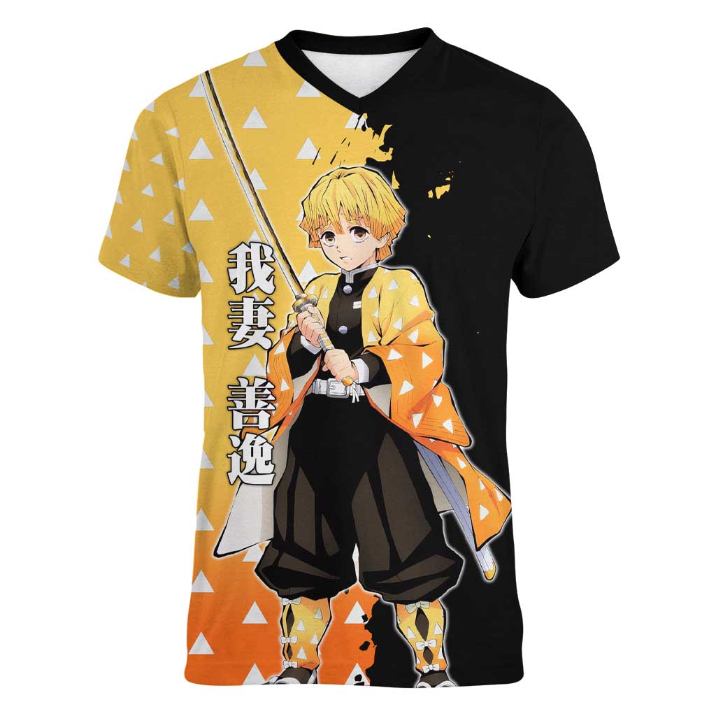 Zenitsu Agatsuma from Demon Slayer Women V-Neck T-Shirt with Yellow Lightning Kimono and Thunder Effects Design - The Mazicc