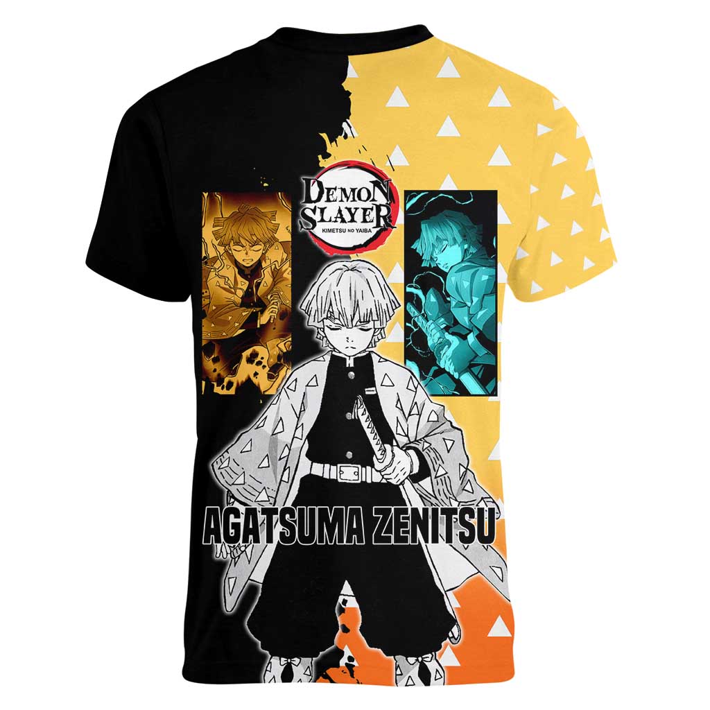 Zenitsu Agatsuma from Demon Slayer Women V-Neck T-Shirt with Yellow Lightning Kimono and Thunder Effects Design - The Mazicc